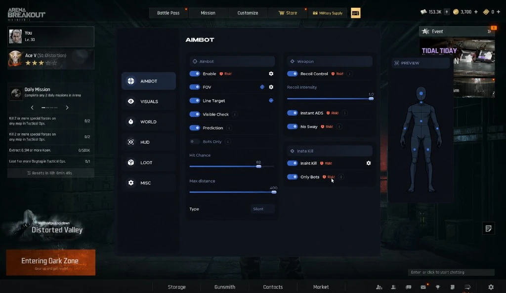 In-game menu — aimbot, visuals, loot, and overlay options